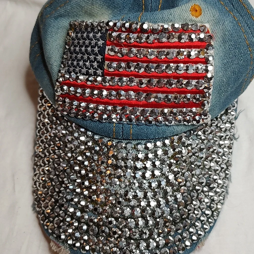 Bling American Flag Denim Distressed Jean Cap USA Hat - Picture 3 of 11